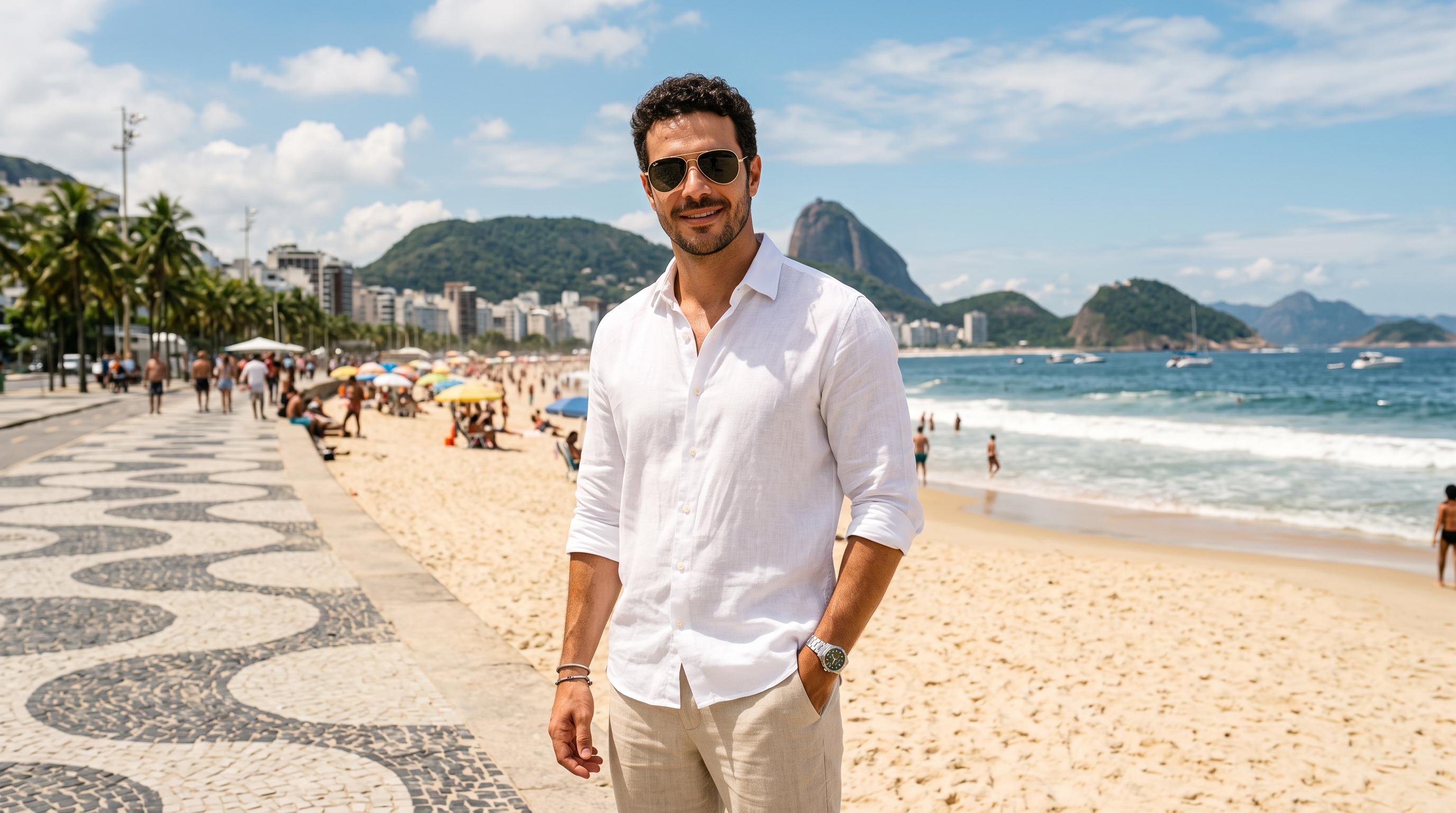 Homem usando Aviator dourado na Praia de Copacabana, Rio de Janeiro