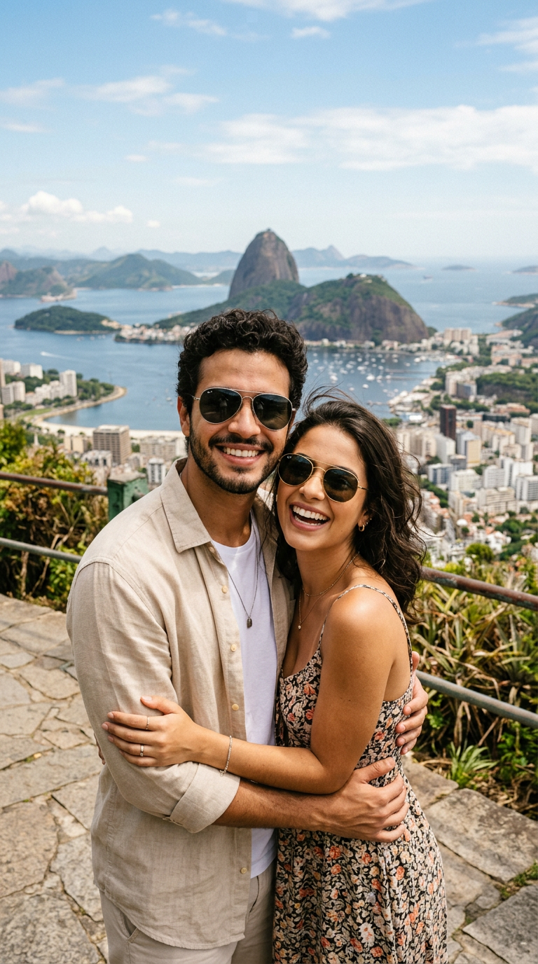 Casal jovem usando Aviator com paisagem do Rio de Janeiro ao fundo
